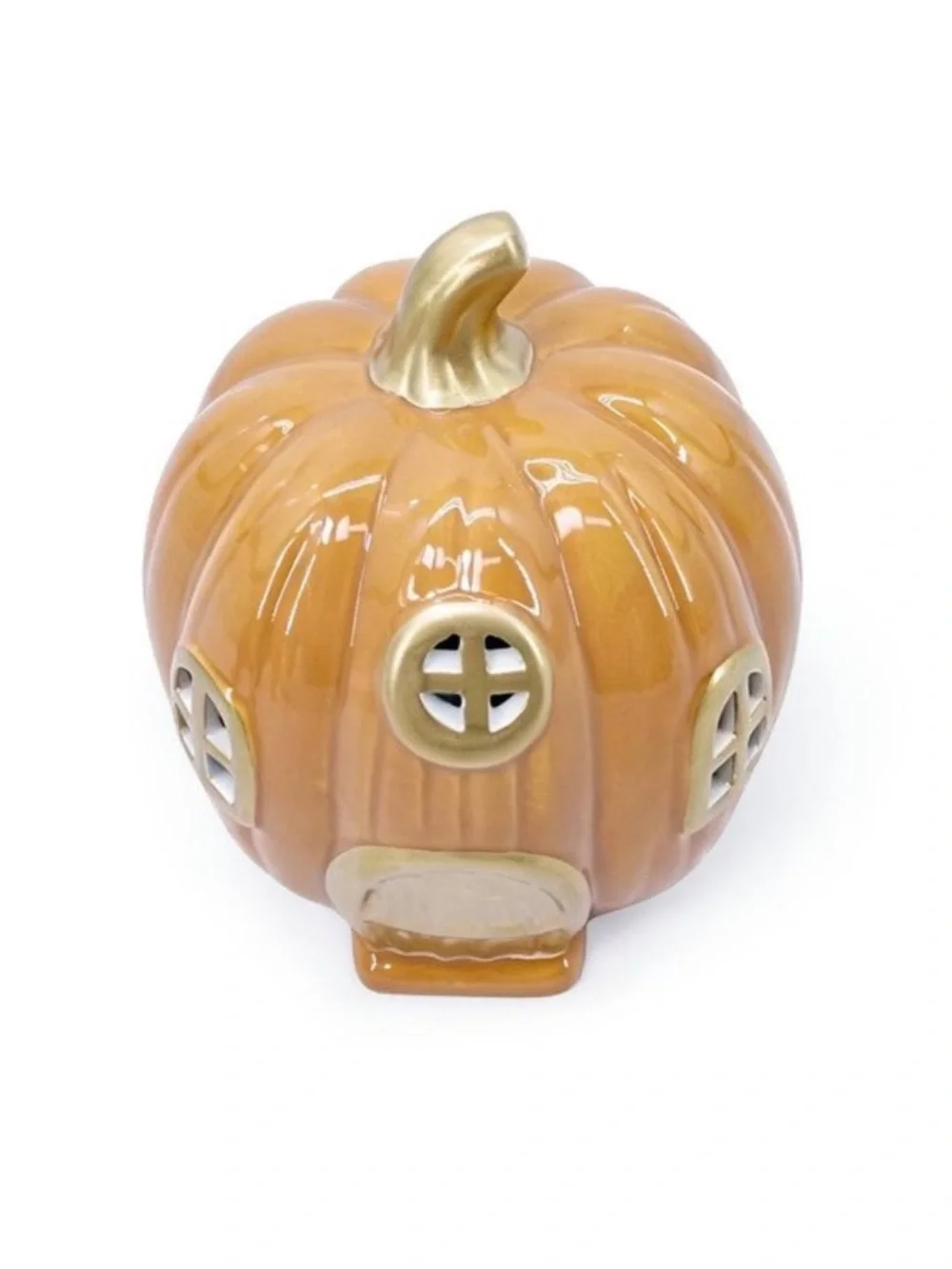 Ceramic Pumpkin LED House in Orange and Gold Fall - Bullseye's Playground